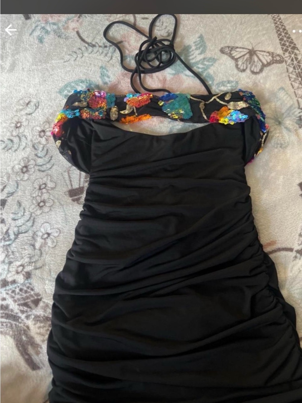 Black Sequin-Trim Halter Dress